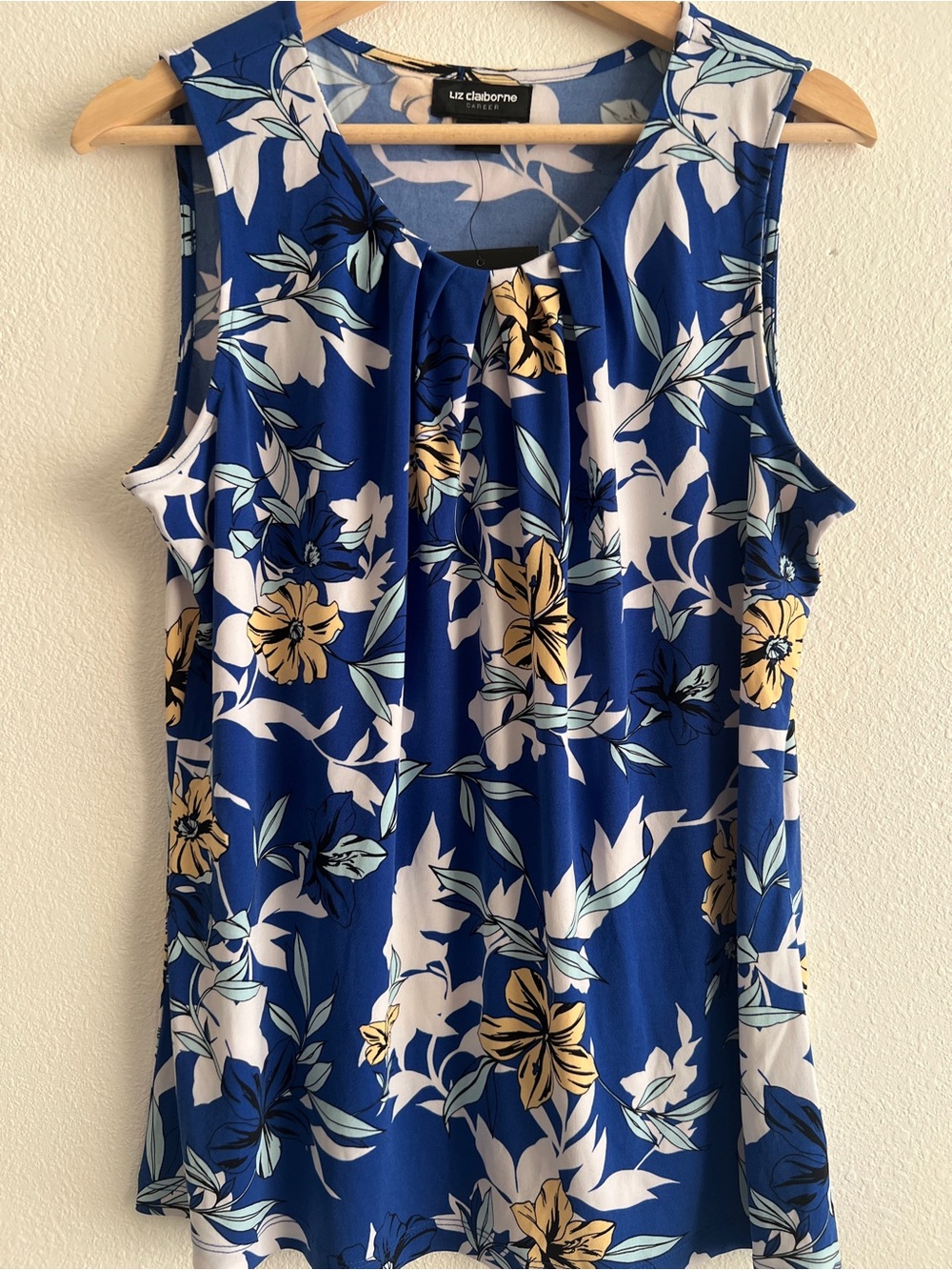 Liz Claiborne Royal Blue Floral Pleated Neck Sleeveless Top